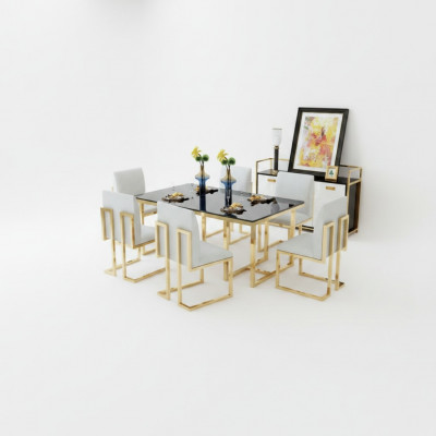 Ontwerp eettafel hout met roestvrijstalen elementen Tafeldecoratie Eetkamerm meubilair