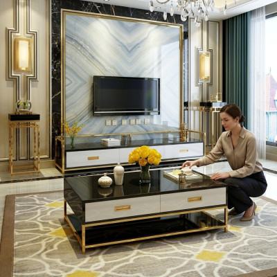 Luxe metalen salontafel goud zwart hoogglans bank woonkamertafel