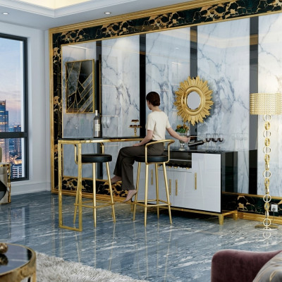 Luxe roestvrijstalen glazen huisbar 4-delige set Barmodel 2x barkruk kast