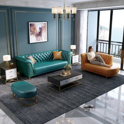 Moderne kleurrijke set bankstel leren bank 4-zits chaise longue ligstoel