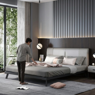 Luxe Design Lederen Bed Metalen Gouden Bedden Bekleding Hotel 180x200cm Grijs