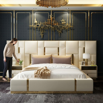 Hotelbed Luxe Design Bedden Bekleding Decor Metaal Leder Slaapkamer XXL