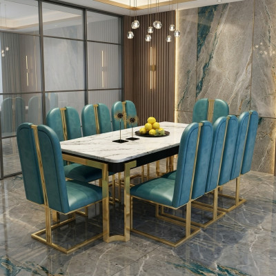 Roestvrijstalen marmeren imitatie tafel + 8 leunstoelen eetkamer set