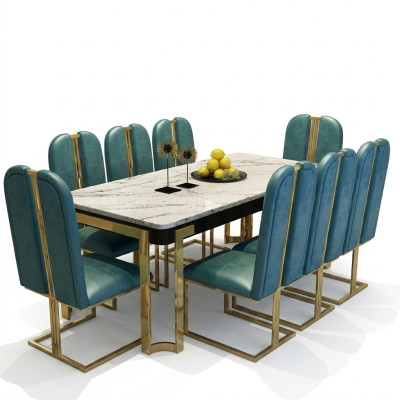 Roestvrijstalen marmeren imitatie tafel + 8 leunstoelen eetkamer set