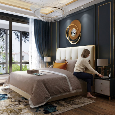 Luxe design leren bed met gouden metalen bekleding voor hotelslaapkamers.