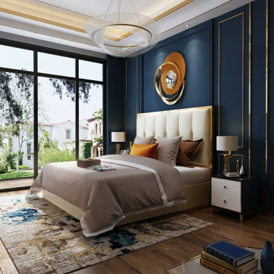 Luxe design leren bed met gouden metalen bekleding voor hotelslaapkamers.