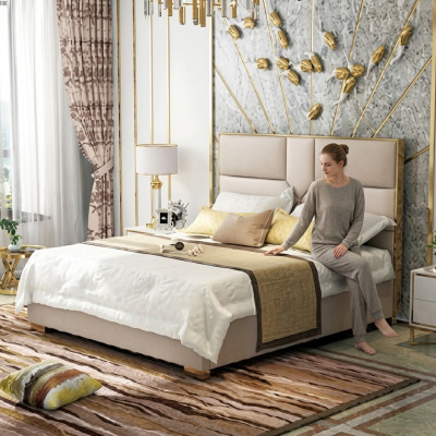 Luxe design leren bed metaal goud bedden gestoffeerd hotel 180x200cm