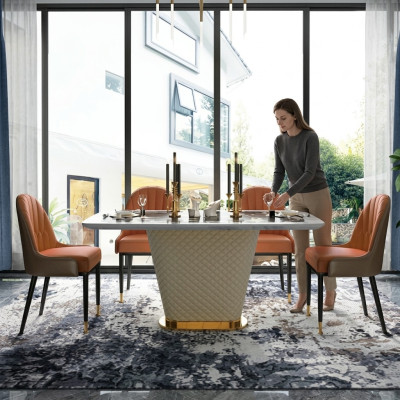 Luxe eettafel leer + roestvrij staal marmer imitatie steen tafel eetkamer