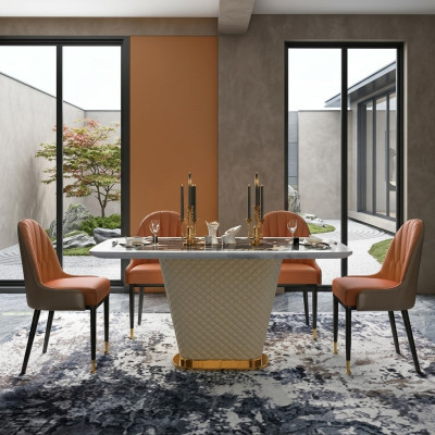 Luxe eettafel leer + roestvrij staal marmer imitatie steen tafel eetkamer