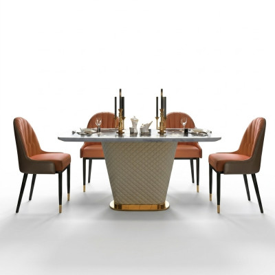 Luxe eettafel leer + roestvrij staal marmer imitatie steen tafel eetkamer