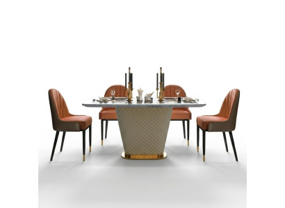 Luxe eettafel leer + roestvrij staal marmer imitatie steen tafel eetkamer