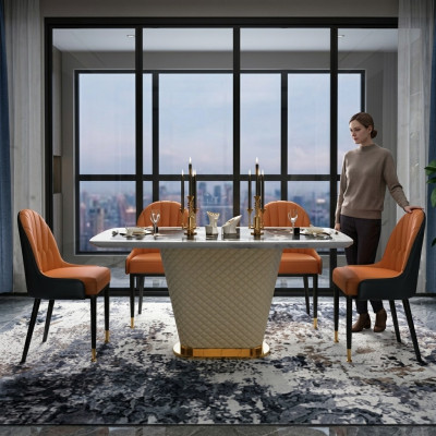 Luxe designer eetkamer met ronde eettafel & 4 x leunstoelen van metaal
