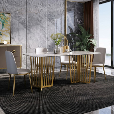 Luxe eettafel leer + roestvrij staal marmerimitatie tafel steen eetkamer