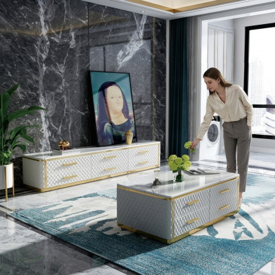 Roestvrijstalen dressoir met leren marmeren imitatiestenen salontafels 200x40cm.