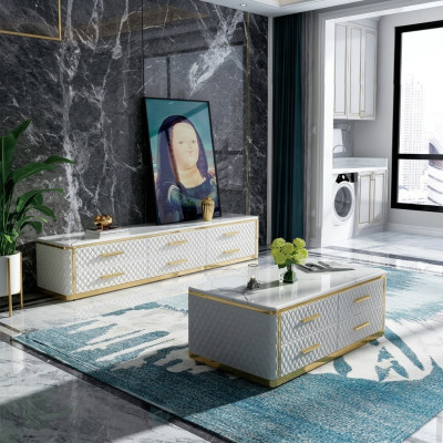 Roestvrijstalen dressoir met leren marmeren imitatiestenen salontafels 200x40cm.