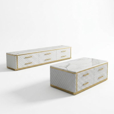 Roestvrijstalen dressoir met leren marmeren imitatiestenen salontafels 200x40cm.