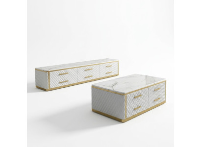 Roestvrijstalen dressoir met leren marmeren imitatiestenen salontafels 200x40cm.