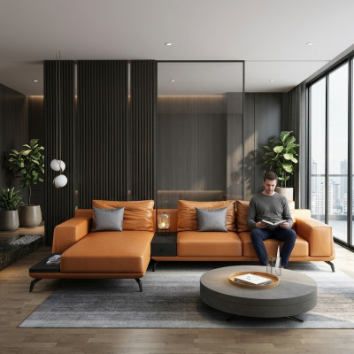 Woonlandschap L-vormige hoekbank bank ontwerp leer bekleding set bank.