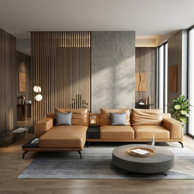 Woonlandschap L-vormige hoekbank bank ontwerp leer bekleding set bank.