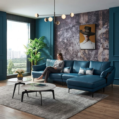 Woongebied hoekbank L-vorm fauteuil set suite Modern bankstel Blauw
