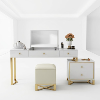 Kaptafel Spiegel Kruk Compleet Set Ladenkast Slaapkamer Nieuw 3-delig.
