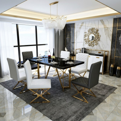 Moderne eettafelset roestvrij staal meubels tafel glas 6x armstoel stoel