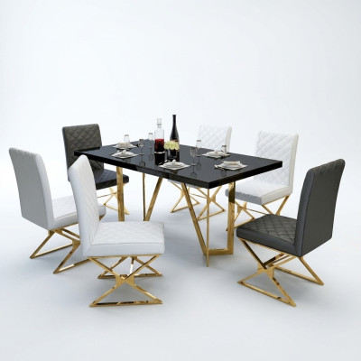Moderne eettafelset roestvrij staal meubels tafel glas 6x armstoel stoel