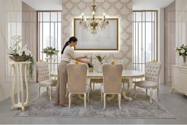 Italiaanse massief houten meubels eetkamer 6x stoelen leunstoel groep set