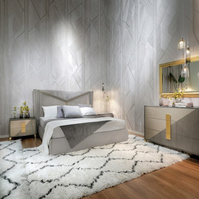 Slaapkamer Bed 2x Nachtkastje Bedden 3-delige set Beklede Italiaanse meubels nieuw