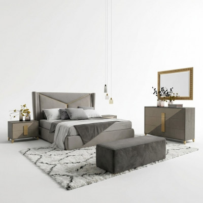 Ontwerp luxe slaapkamerset met bed, 2 nachtkastjes, commode en decoratieset.