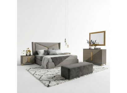 Ontwerp luxe slaapkamerset met bed, 2 nachtkastjes, commode en decoratieset.