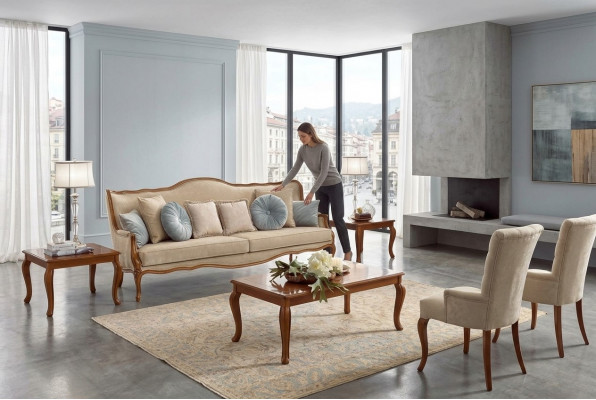 Sofaset 6-delig. Klassiek meubel, bank, fauteuil, bijzettafel, salontafel, hout.