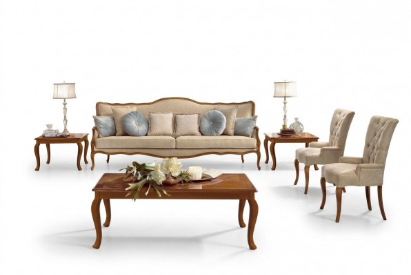 Sofaset 6-delig. Klassiek meubel, bank, fauteuil, bijzettafel, salontafel, hout.