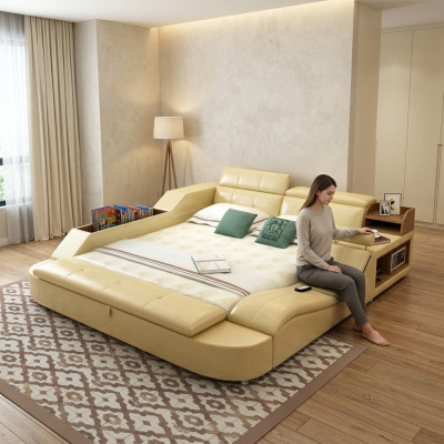 Multifunctioneel bed luxe ontwerp lederen bedden dubbel decoratief rek 180x200cm