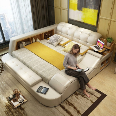 Luxe functioneel bed met kluisje, laptopplank, tweepersoonsbedden xxl hotels leer