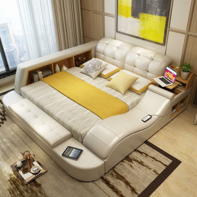 Luxe functioneel bed met kluisje, laptopplank, tweepersoonsbedden xxl hotels leer