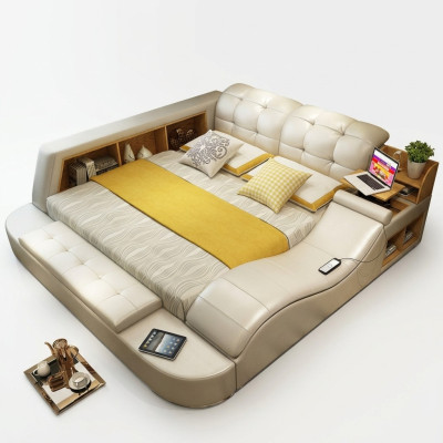 Luxe functioneel bed met kluisje, laptopplank, tweepersoonsbedden xxl hotels leer