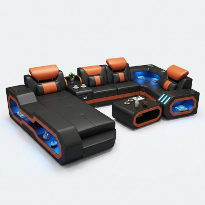 Woonlandschap U-vormige hoekbank + salontafel + dressoirontwerp