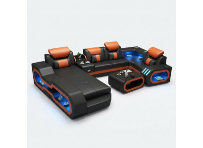 Woonlandschap U-vormige hoekbank + salontafel + dressoirontwerp