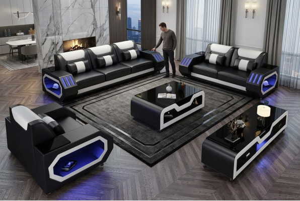 Lederen bank bank bankstel 3+2+1 - Verlichte designbanken Nieuw