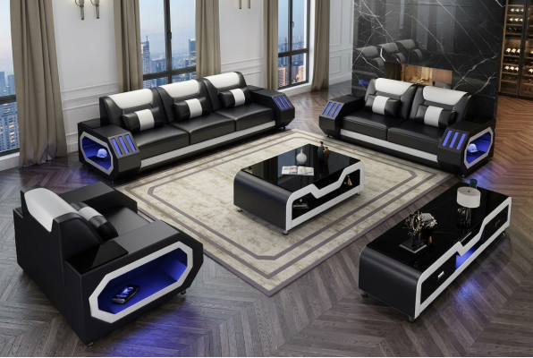 Lederen bank bank bankstel 3+2+1 - Verlichte designbanken Nieuw