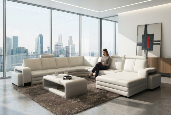 Hoekbank U-vorm + 2x poef + salontafel Bank Ontwerp Grijs Bekleding Leer
