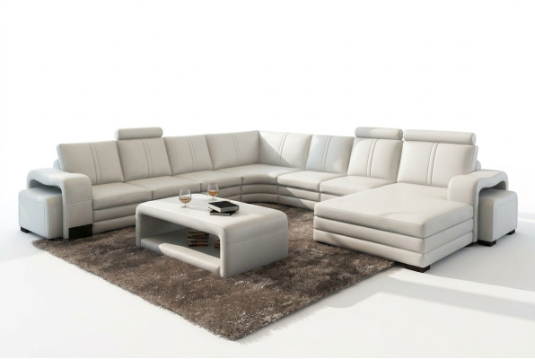 Hoekbank U-vorm + 2x poef + salontafel Bank Ontwerp Grijs Bekleding Leer