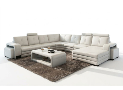 Hoekbank U-vorm + 2x poef + salontafel Bank Ontwerp Grijs Bekleding Leer