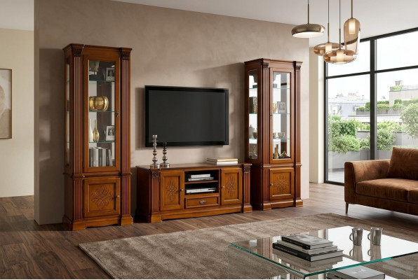Klassieke woonkamer vitrinekast TV-kastje wandkast 3-delige massief houten set
