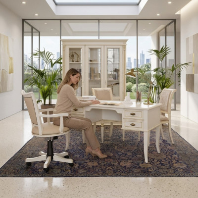 Schrijftafel set 3-delig. Kantoor outfit massief houten tafel chef stoel kast inrichting nieuw