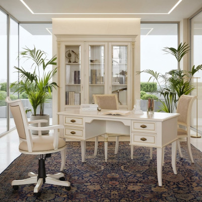 Schrijftafel set 3-delig. Kantoor outfit massief houten tafel chef stoel kast inrichting nieuw