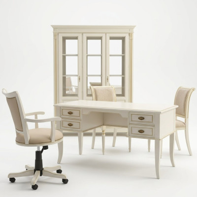 Schrijftafel set 3-delig. Kantoor outfit massief houten tafel chef stoel kast inrichting nieuw