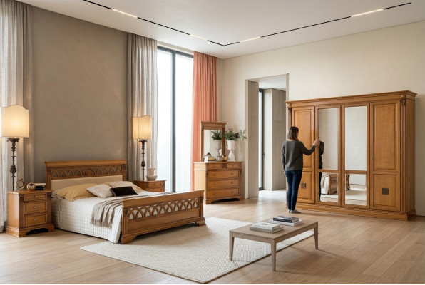 Slaapkamer set compleet: commode, bed, kledingkast, bedden, nachtkastje. 6-delige set van massief hout.