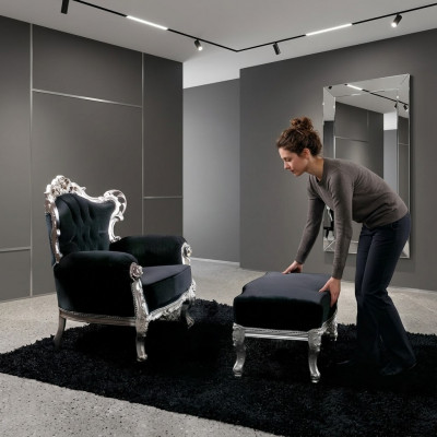 Fauteuil + Poef Bekledde Fauteuil Ontwerp Luxe Massief hout Klassiek Barok Rococo Set